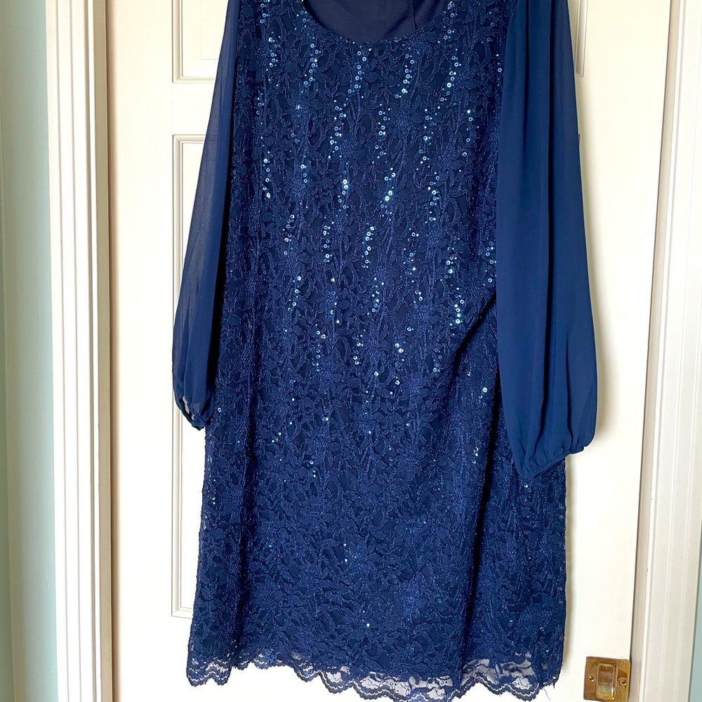 Navy formal knee length sequin lace dress 3x